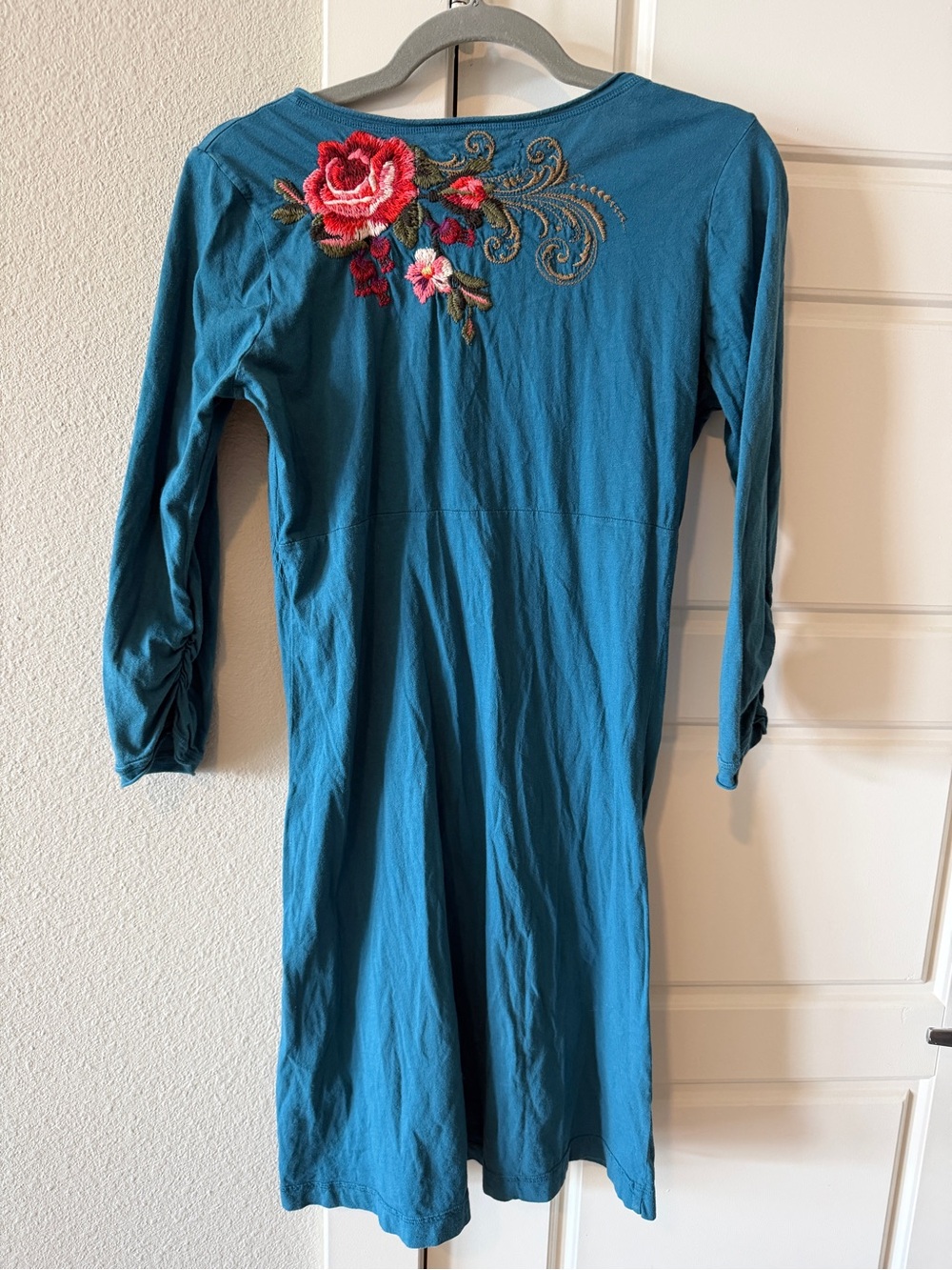 Johnny Was Embroidered Floral Teal Dress Vneck Aline Boho size Small - Picture 5 of 6